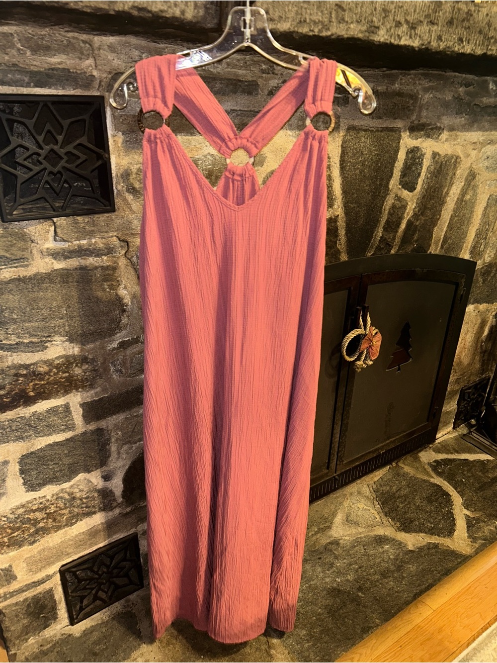 Sleeveless Coral Pink Maxi Dress with Ring-Detail Straps